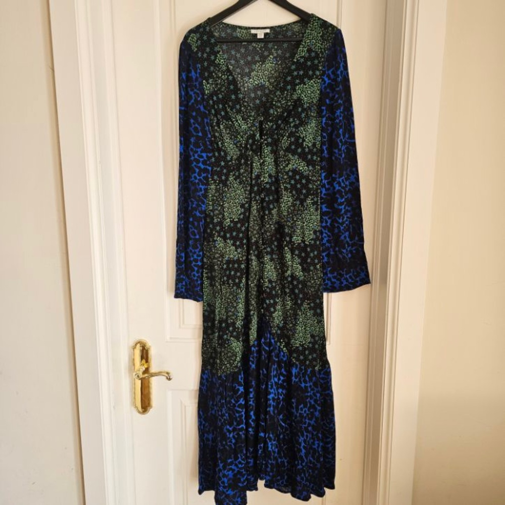 TOPSHOP Tall Animal & Star Print V Neck Midi Dress Green\Blue Viscose Size 10 - Picture 5 of 10